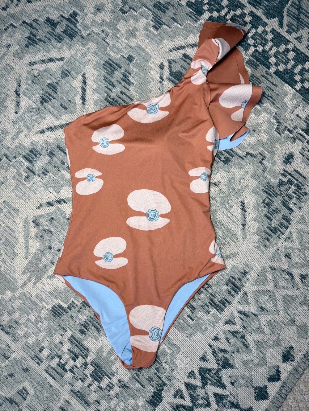 Ancora Size M • Brown Floral One Shoulder Ruffled One Piece Swimsuit Swim.